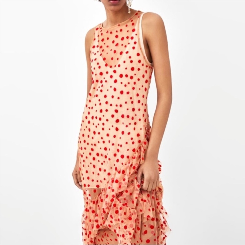 Zara Sheer Red Nude Beige Polka Dot Dress Mesh sz Medium